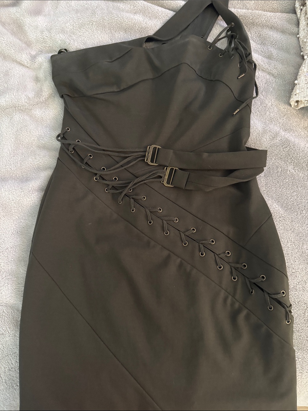 L.A.M.B. Army Green One-Shoulder Lace-Up Sheath Dress with Belts